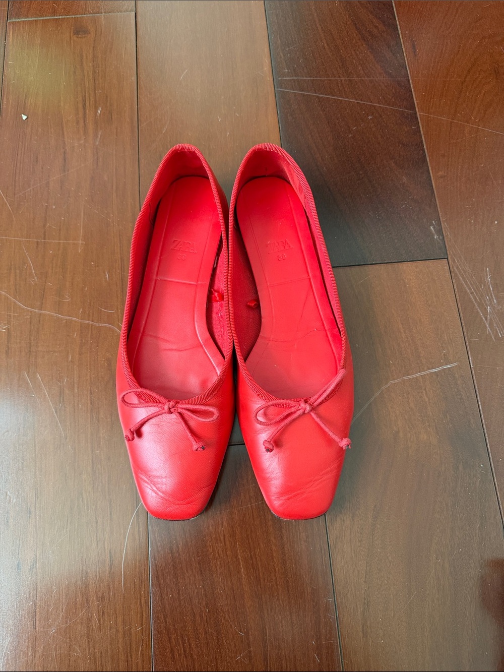 Zara Red Leather Ballet Flats with Bow Detail